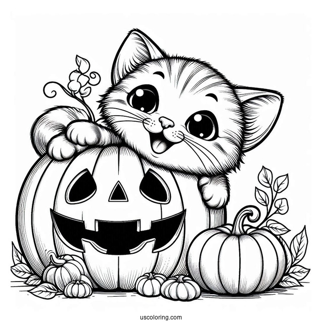 Pumpkin Coloring Page Of Cat Poking Head Out Of A Jack O Lantern