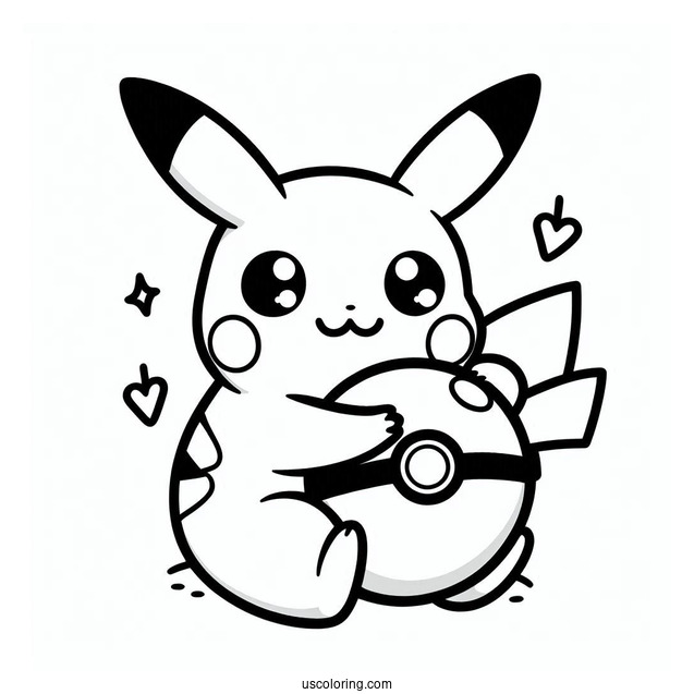 Kawaii Pikachu Hugging A Pokeball Coloring Sheet