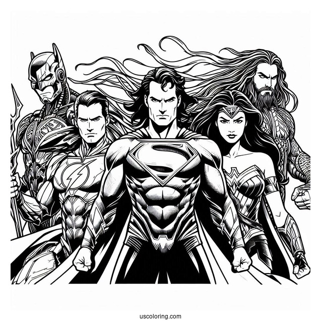 Justice League Aquaman Coloring Page, Superman, Batman, Wonder Woman, And Cyborg