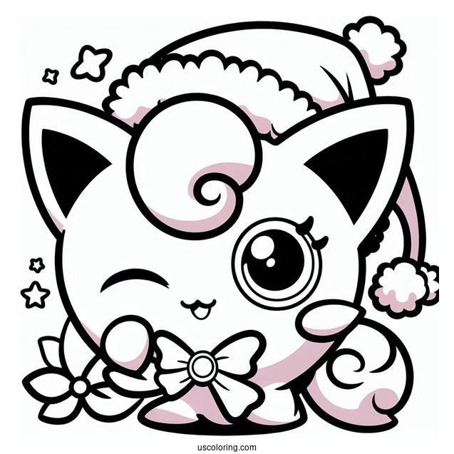 Pokemon Christmas Coloring Page Winking Jigglypuff Wearing Santa Hat For Kids