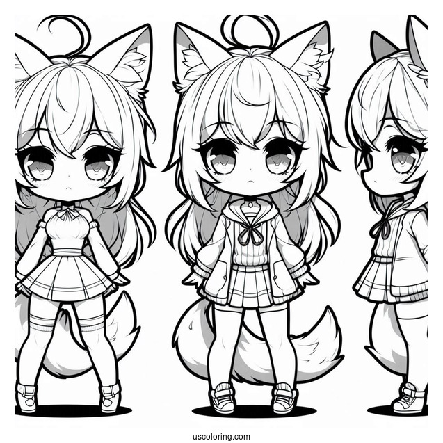 Serious Chibi Girl With Cat Ears And Tail Coloring Sheet