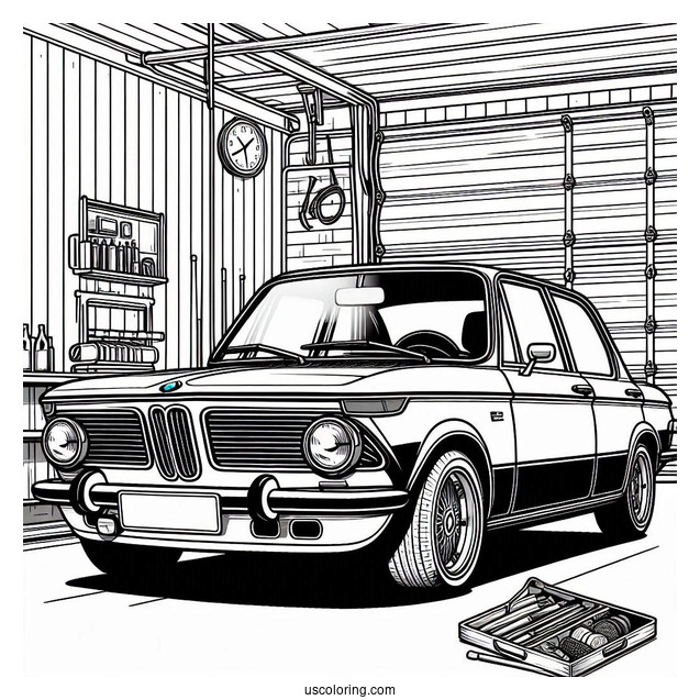 BMW Coloring Page 2002tii In Garage For Kids