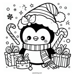 Kawaii Penguin Christmas Coloring Page