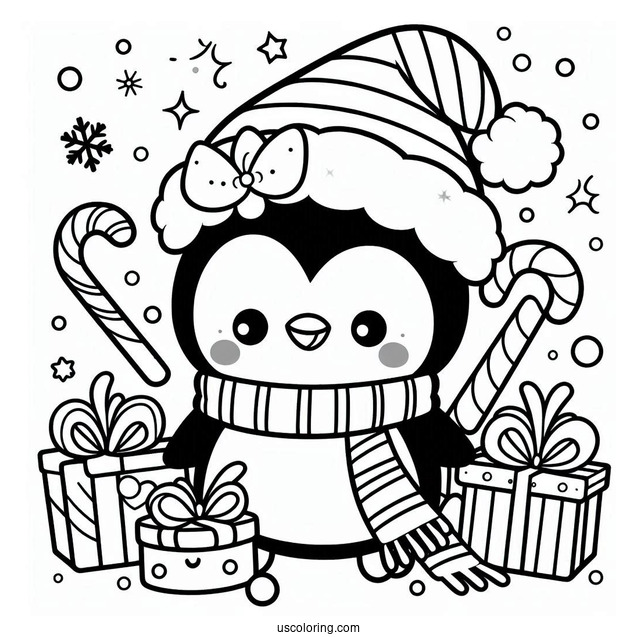Kawaii Penguin Christmas Coloring Page