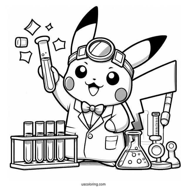 Science Coloring Page Of Scientist Pikachu Holding Up A Test Tube For Kids