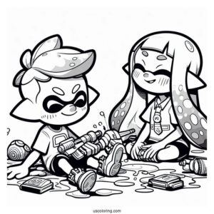 Splatoon Coloring Page Of Orange Inkling Boy Sitting Next To Blue Inkling Girl After Battle