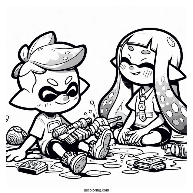 Splatoon Coloring Page Of Orange Inkling Boy Sitting Next To Blue Inkling Girl After Battle