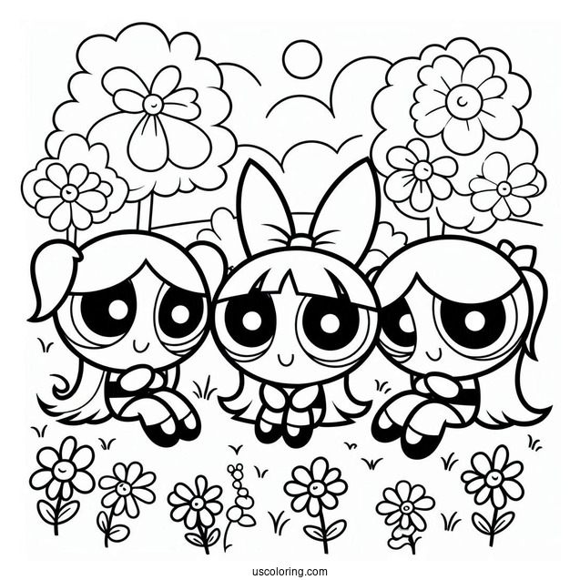 The Powerpuff Girls Sitting In a Park With Flowers