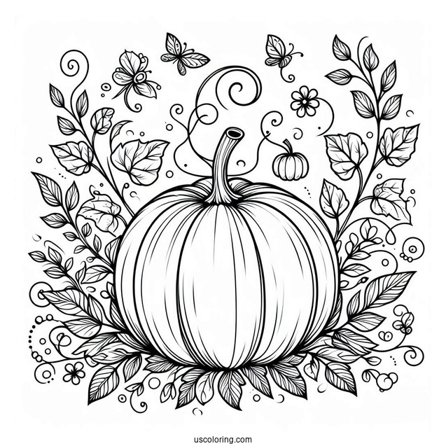 Pumpkin Coloring Page With Vines And Fall Leaves