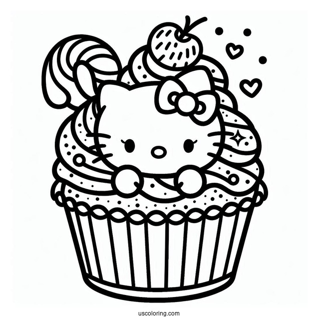 Adorable Hello Kitty Cupcake Coloring Page