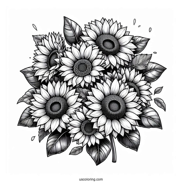 Bunch Of Detailed Sunflowers For Coloring