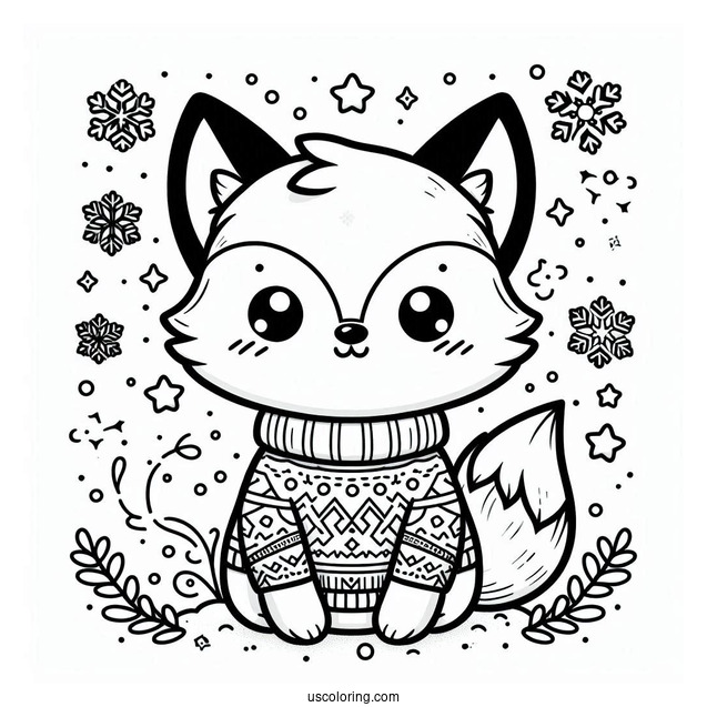 Kawaii Fox Coloring Page In A Snowflake Sweater Surrounded By Stars