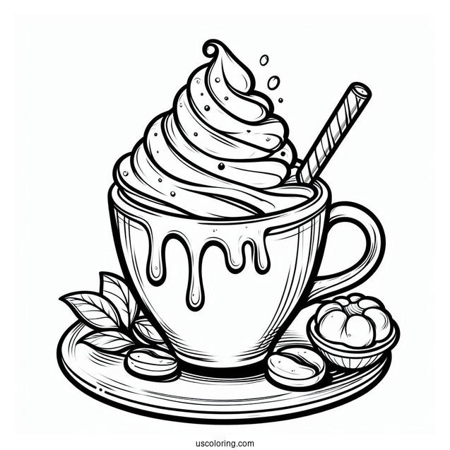 Coffee Coloring Pages With Whipped Cream And Syrup In Cute Cup