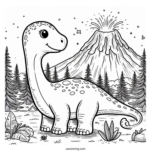 Little Apatosaurus With Volcano In The Background