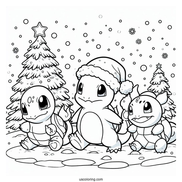 Pokemon Christmas Coloring Page Charmander, Bulbasaur, And Squirtle Walking In The Snow For Kids
