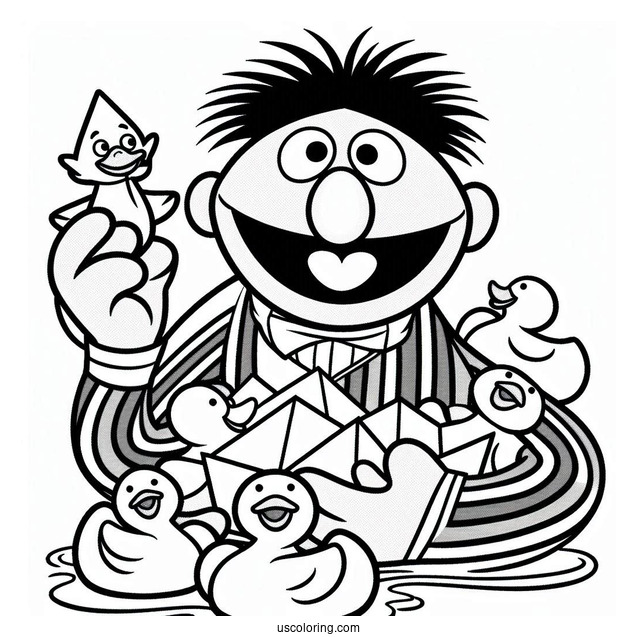 Ernie Holding Paper Ducks Coloring Sheet
