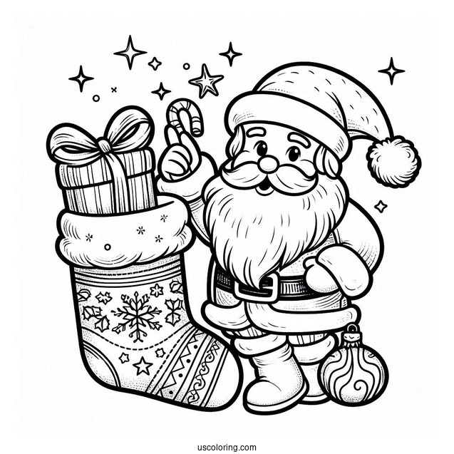 Merry Christmas Stocking With Santa Coloring Page