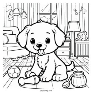 Easy Outline Of Puppy Playing Indoors Coloring Sheet