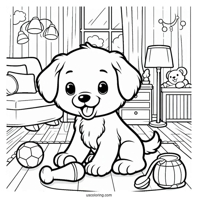 Easy Outline Of Puppy Playing Indoors Coloring Sheet