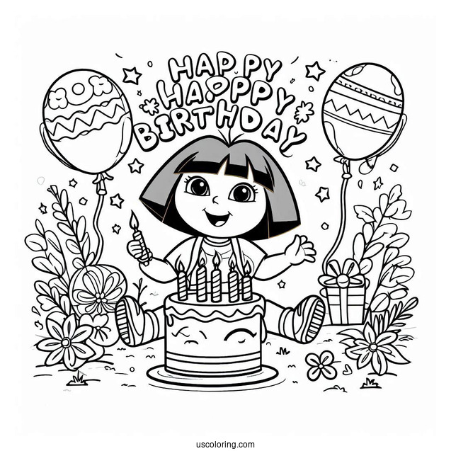 Dora Happy Birthday Coloring Page For Kids
