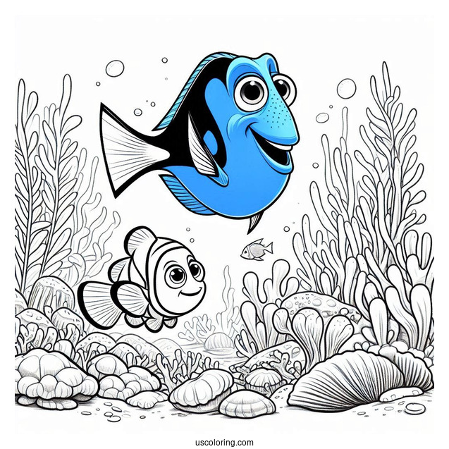 Pixar Coloring Page of Dory And Marlin In Coral Reef