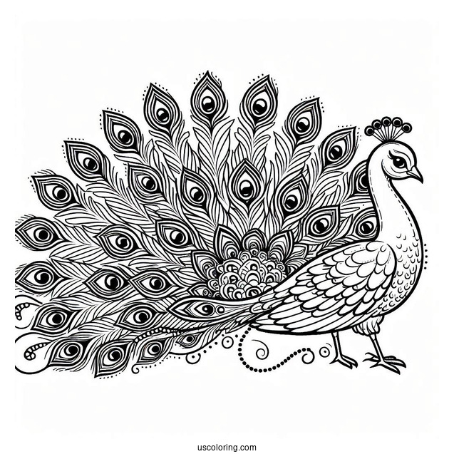 Cartoon Peacock Coloring Page Showing Off Fancy Tail Feathers For Kids