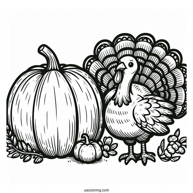 Happy Thanksgiving Turkey With Pumpkin Coloring Page