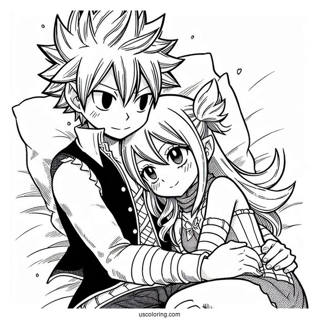 Manga Coloring Page Of Cute Fairy Tail Natsu And Lucy Cuddling