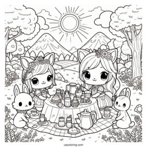 Chibi Coloring Page Tea Party in a Sunny Forest Meadow with Animal Friends