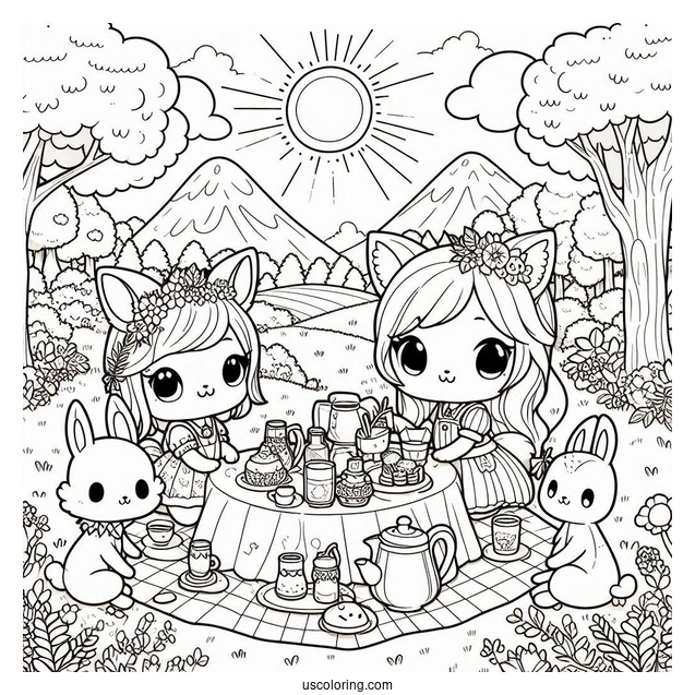 Chibi Coloring Page Tea Party in a Sunny Forest Meadow with Animal Friends