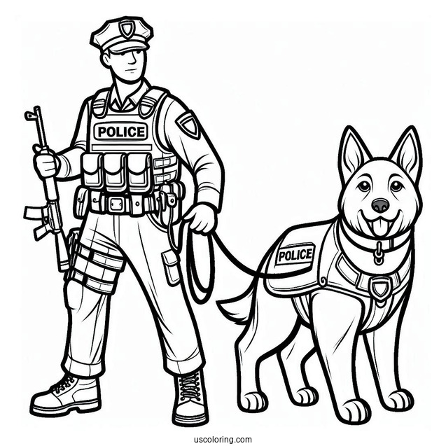 Coloring Sheet Of Police Officer With K-9 Dog