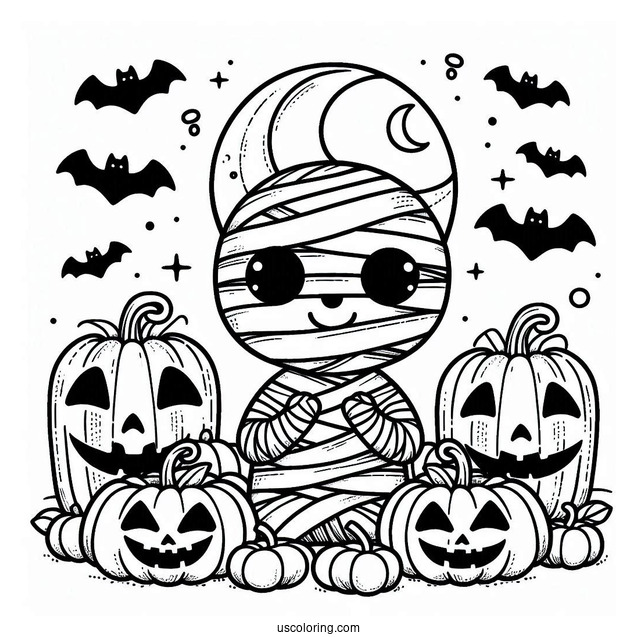 Adorable Egyptian Mummy Coloring Page With Jack O Lanterns