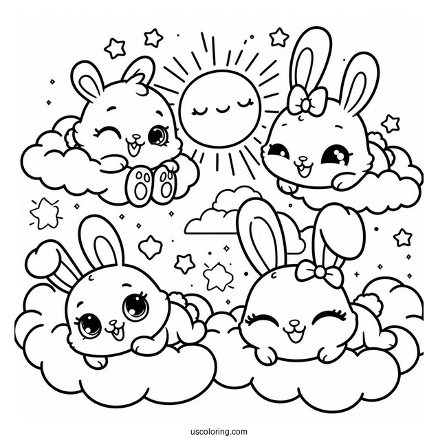 Sunny Bunnies Coloring Page Of Easy Iris, Big Boo, Hopper, Shiny, And Turbo In The Sky For Preschoolers