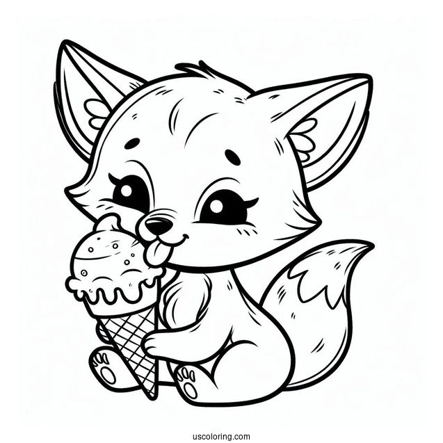 Baby Fox Coloring Page Licking An Ice Cream For Preschoolers