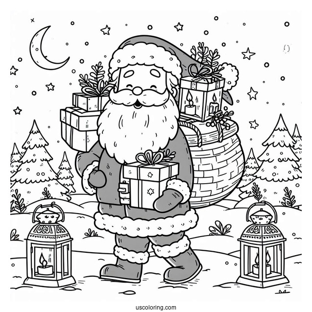 Santa Carrying Christmas Presents And Lanterns In The North Pole Coloring Page
