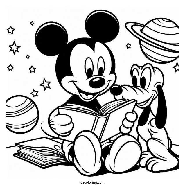 Mickey Mouse Reading A Book To Pluto Coloring Page