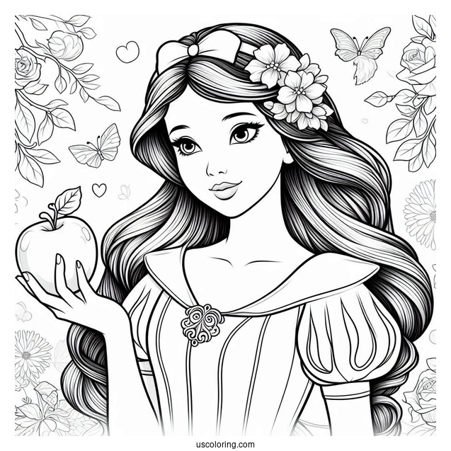 Princess Coloring Page Of Realistic Snow White Holding Apple