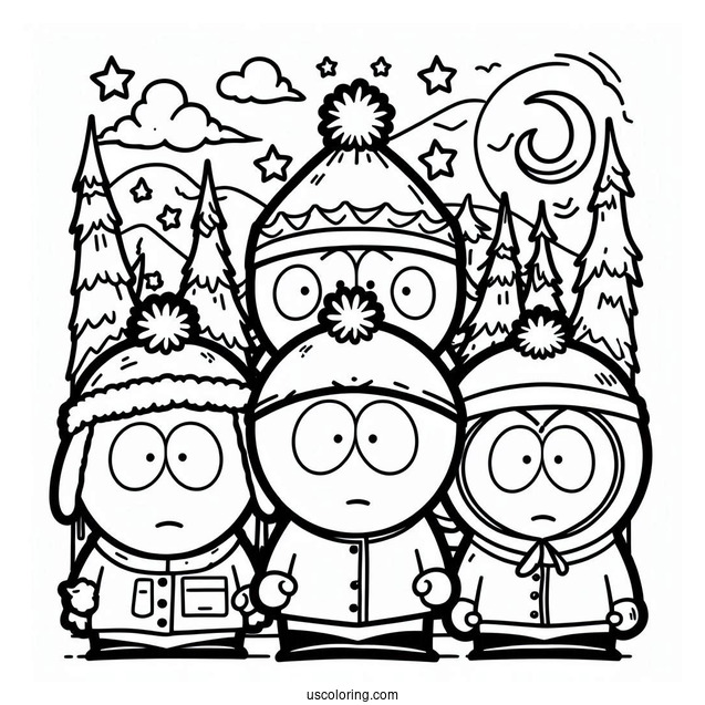 Eric, Stan, Kenny, And Kyle In Front Of South Park Coloring Page