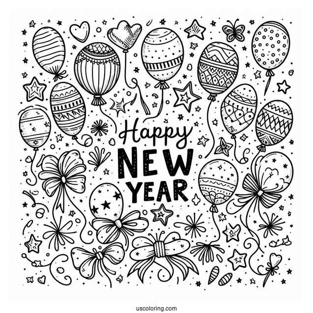 Happy New Year Coloring Page Of Balloons, Stars, And Confetti