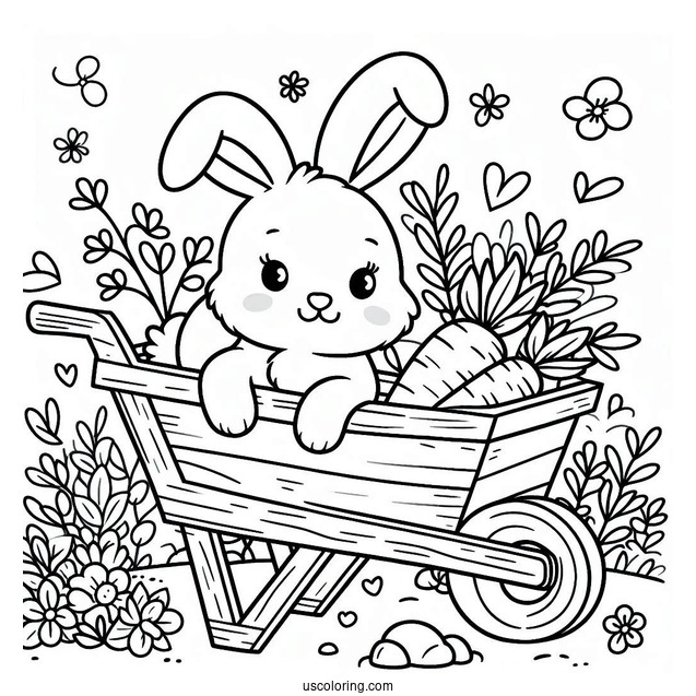 Rabbit In A Wheelbarrow With Carrots In Spring Coloring Sheet For Preschoolers