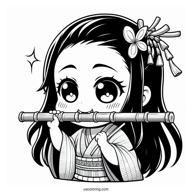 Cute Chibi Nezuko Coloring Page Biting Down Bamboo