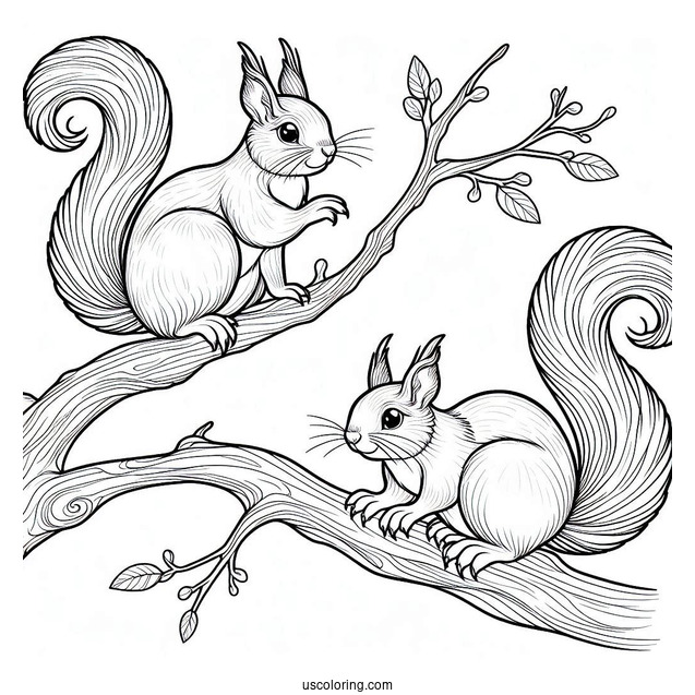 Easy Outline Of Two Squirrels Coloring Page On Tree Branch