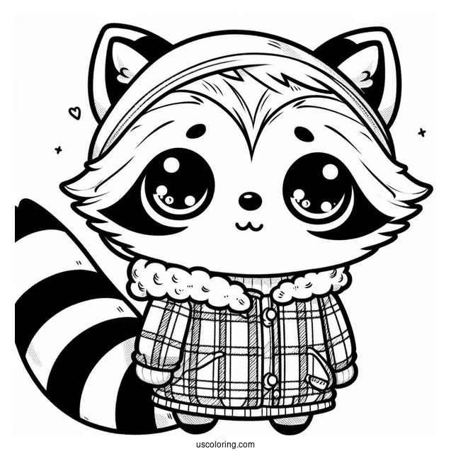 Kawaii Raccoon In A Plaid Jacket Coloring Sheet