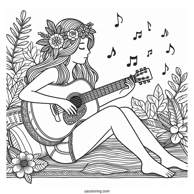 Music Coloring Page Of Woman Playing Acoustic Guitar On Bed