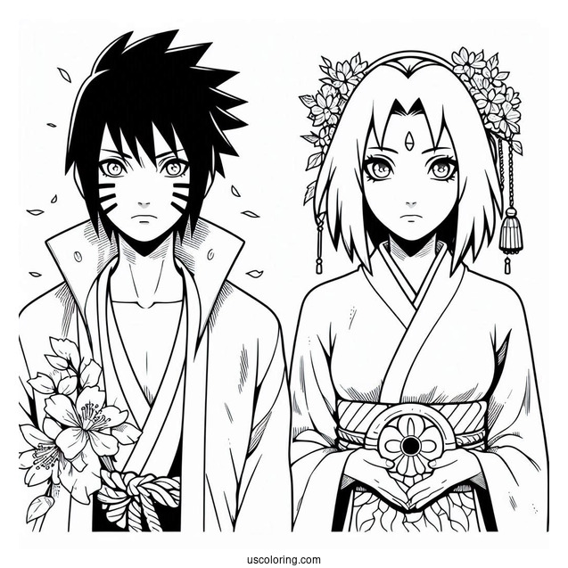 Sakura And Sasuke Coloring Page In Modern Clothes