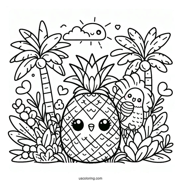 Kawaii Pineapple Coloring Page With Parrot in Tropical Jungle For Kids