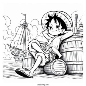 Luffy Coloring Page Leaning On Barrels On Port