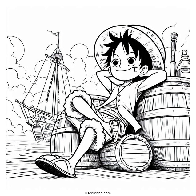 Luffy Coloring Page Leaning On Barrels On Port