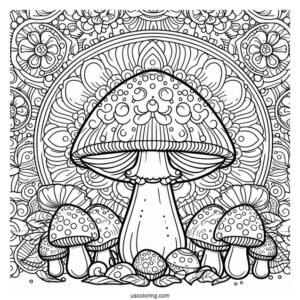 Mushroom Coloring Page In Front Of A Mandala