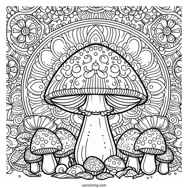 Mushroom Coloring Page In Front Of A Mandala